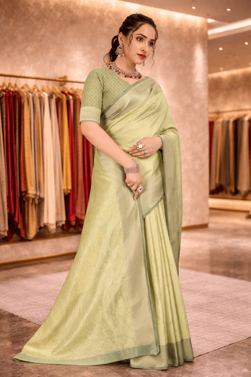 Elegant front half drape of a monotone pista green silk saree with matching blouse