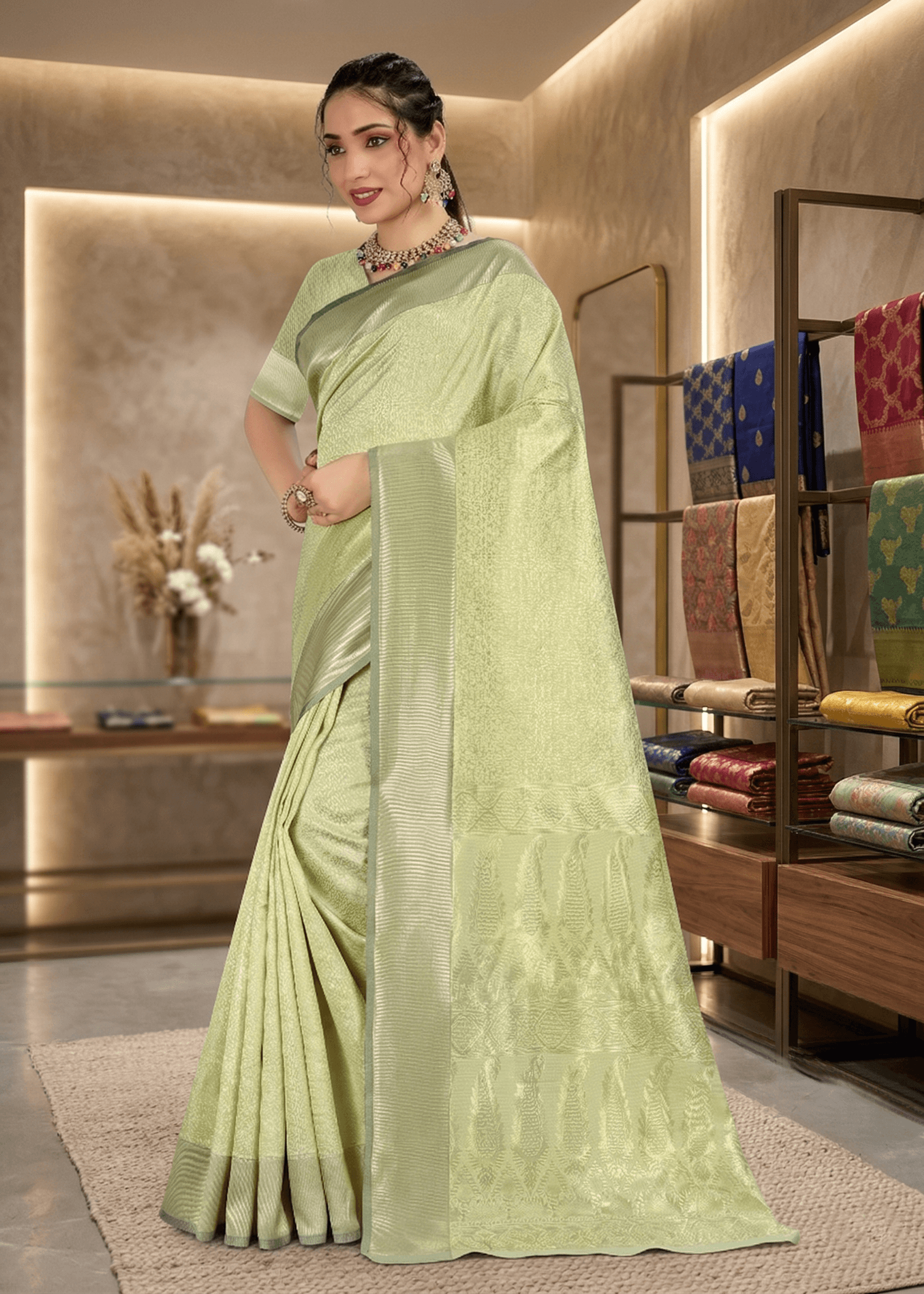 Model standing beautifully in a pastel pista green woven jacquard silk saree