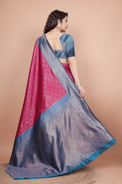 Back view of the rani pink saree drape and matching peacock blue woven blouse design