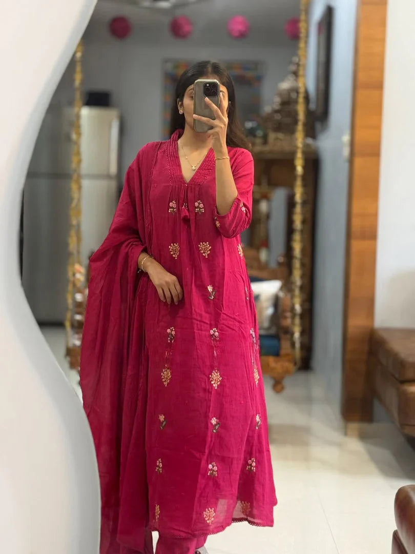 Full-length mirror selfie showcasing a beautiful rani pink flared suit set with matching pants and a gracefully draped dupatta.