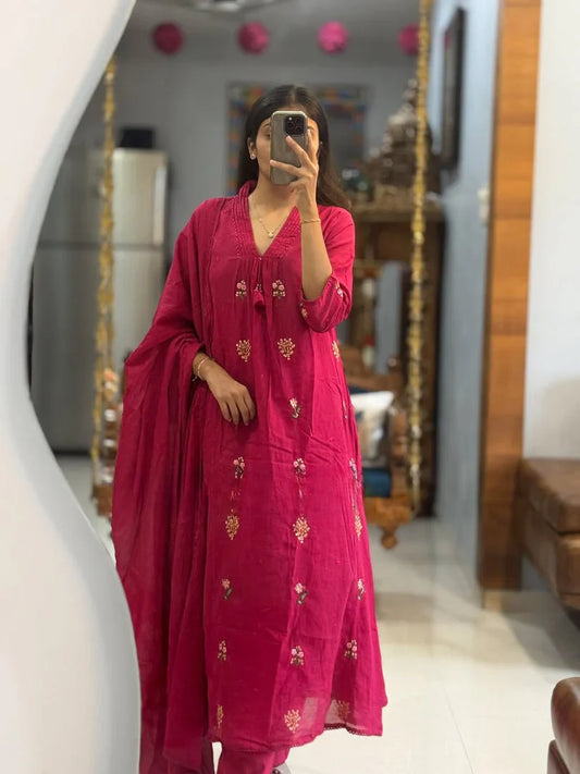 Full-length mirror selfie showcasing a beautiful rani pink flared suit set with matching pants and a gracefully draped dupatta.