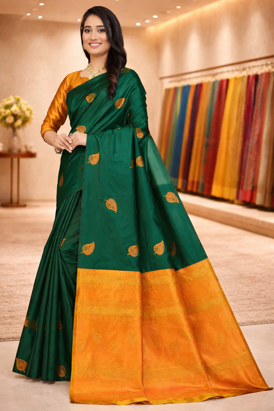 Close-up of a dark green silk saree highlighting the woven golden leaf motifs and the mustard contrasting blouse.