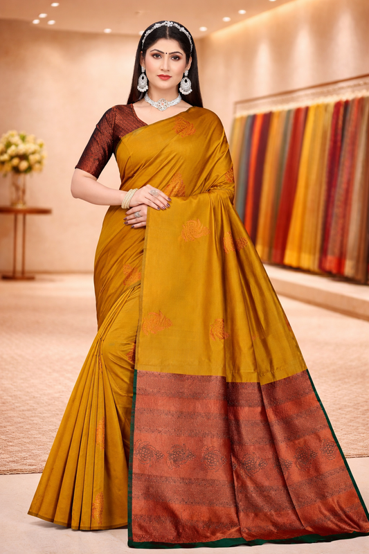 Full-length view of an elegant mustard yellow silk saree with a wide copper zari border and green edging by Saree Sales.