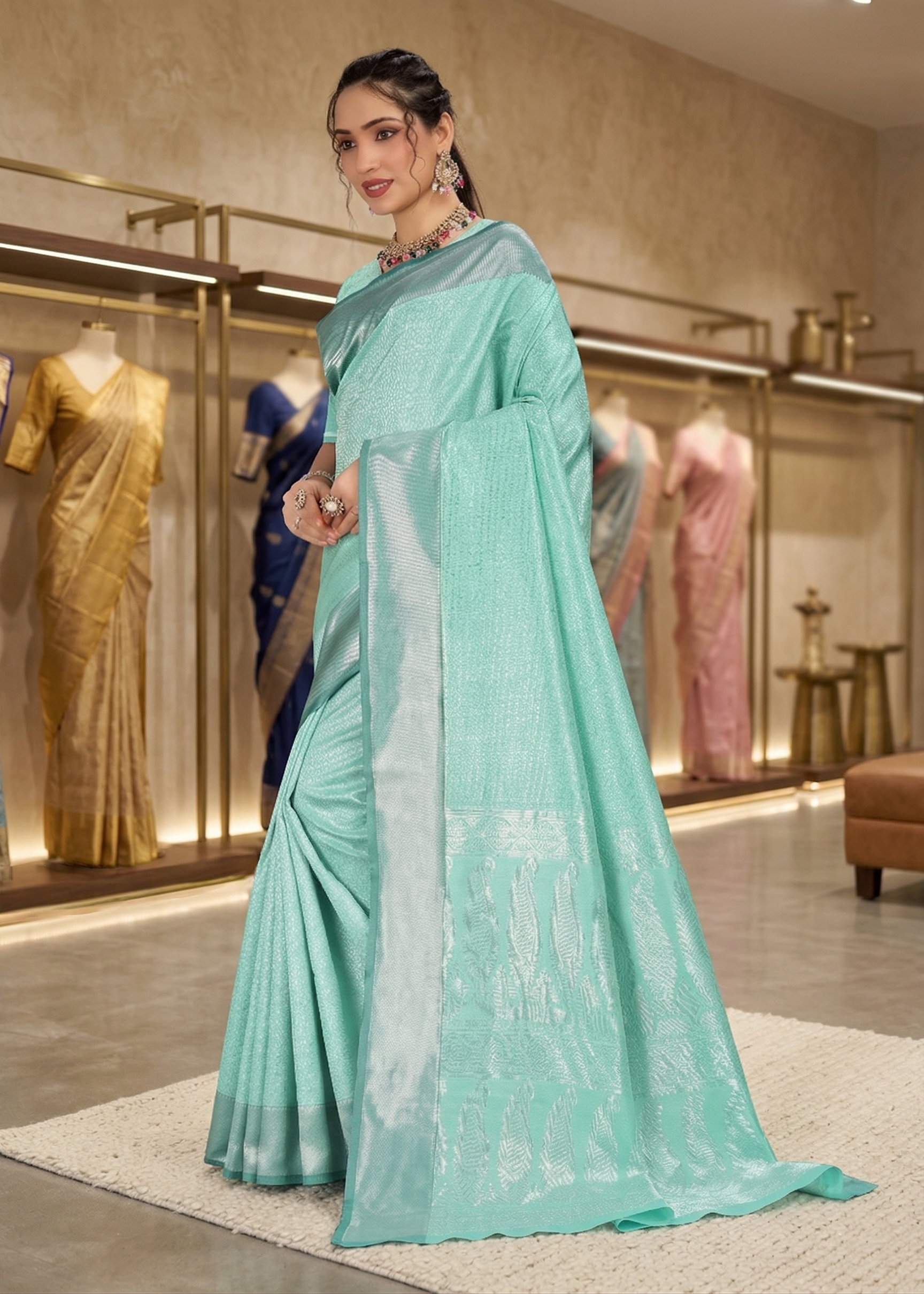 Side view showcasing the beautiful drape and sheen of the sea green traditional saree
