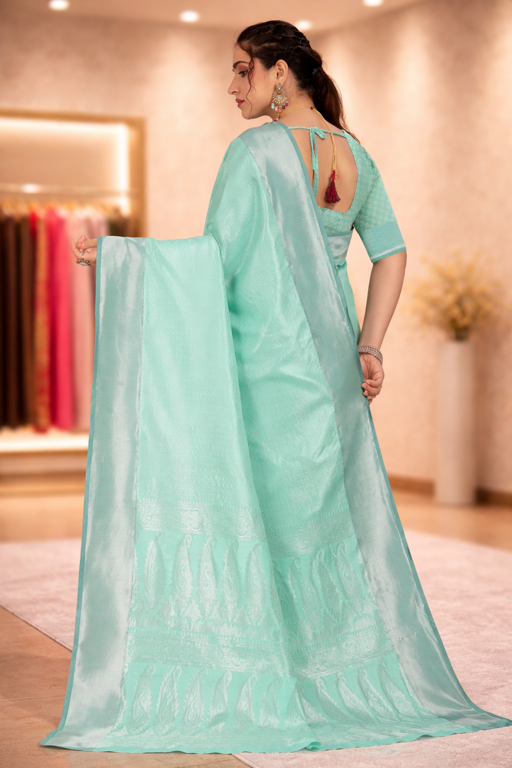 Back view highlighting the intricate paisley woven pallu and blouse design
