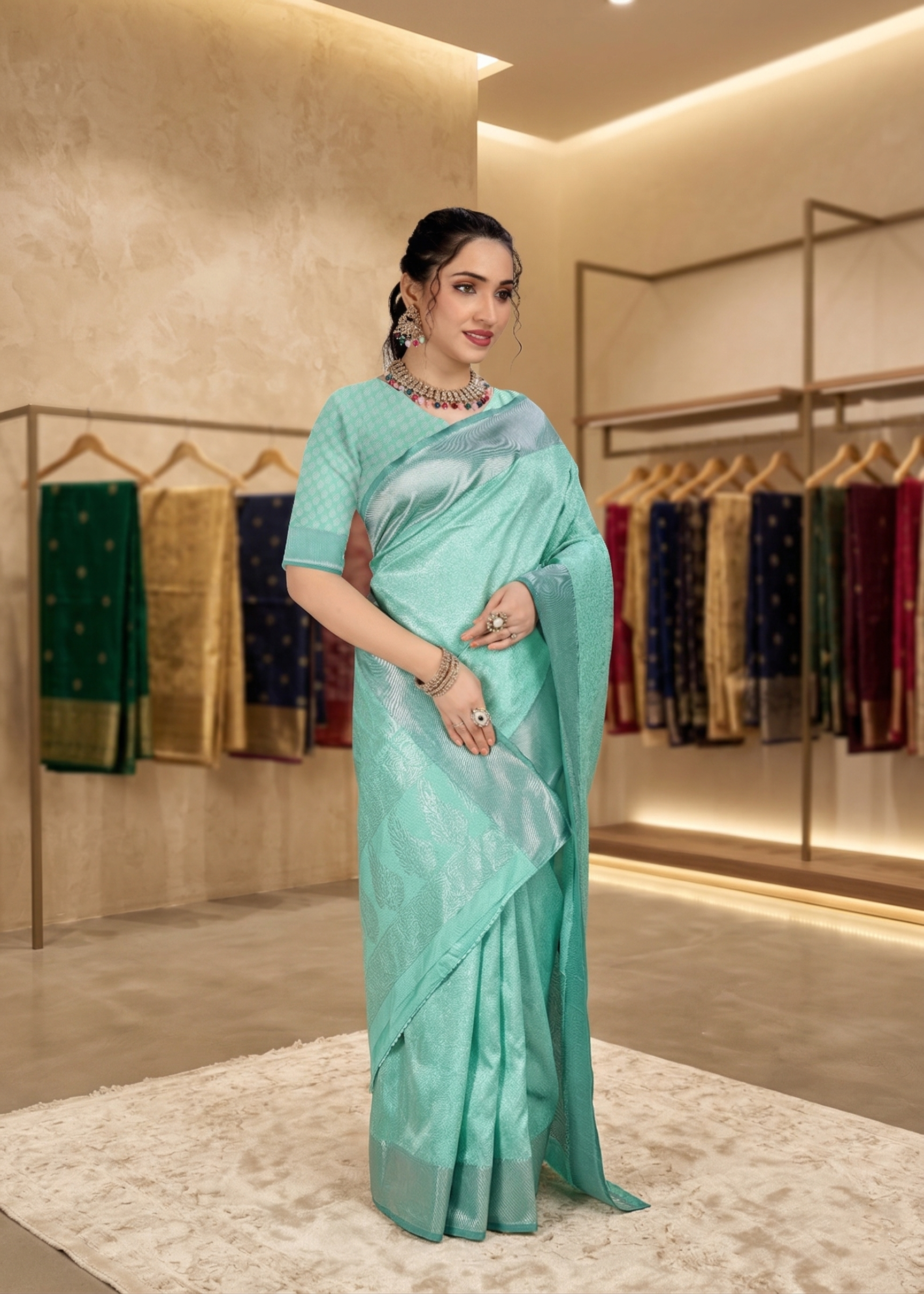 Model standing gracefully in a pastel sea green woven silk saree