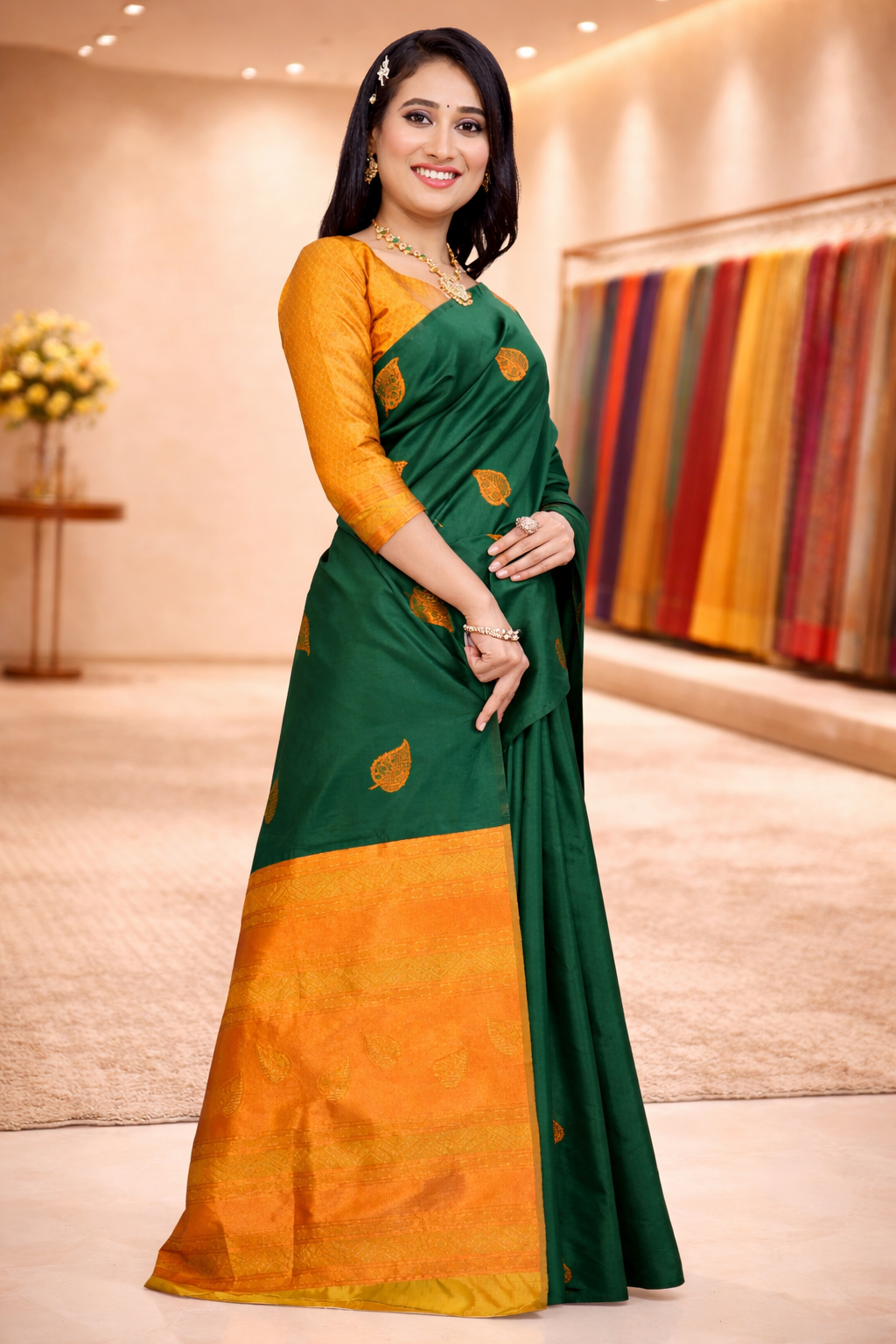 Side angle of a draped dark green silk saree showing the elegant fall of the pleats and bottom zari border.