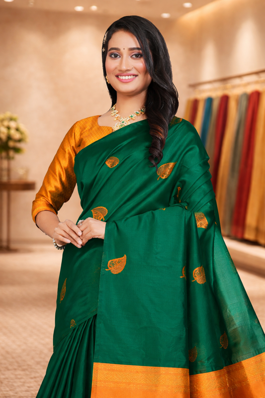 Close-up of Saree Sales dark green silk saree highlighting the intricate woven gold butta motifs and rich fabric texture.