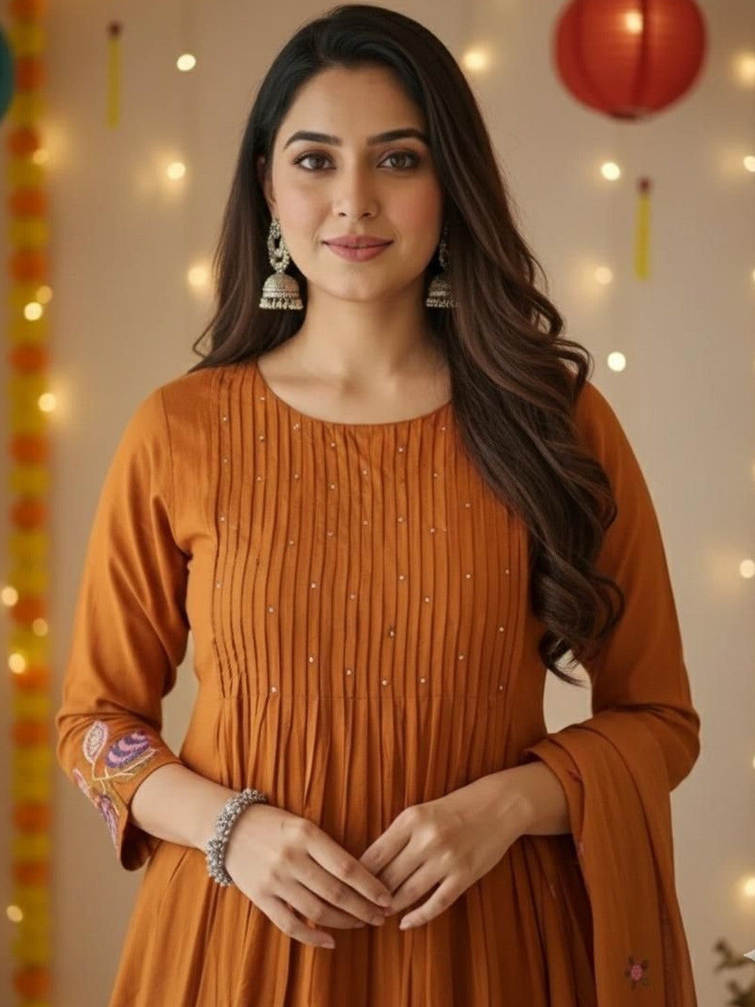 Premium Mustard Pure Cotton Flared Suit Set with Embroidery
