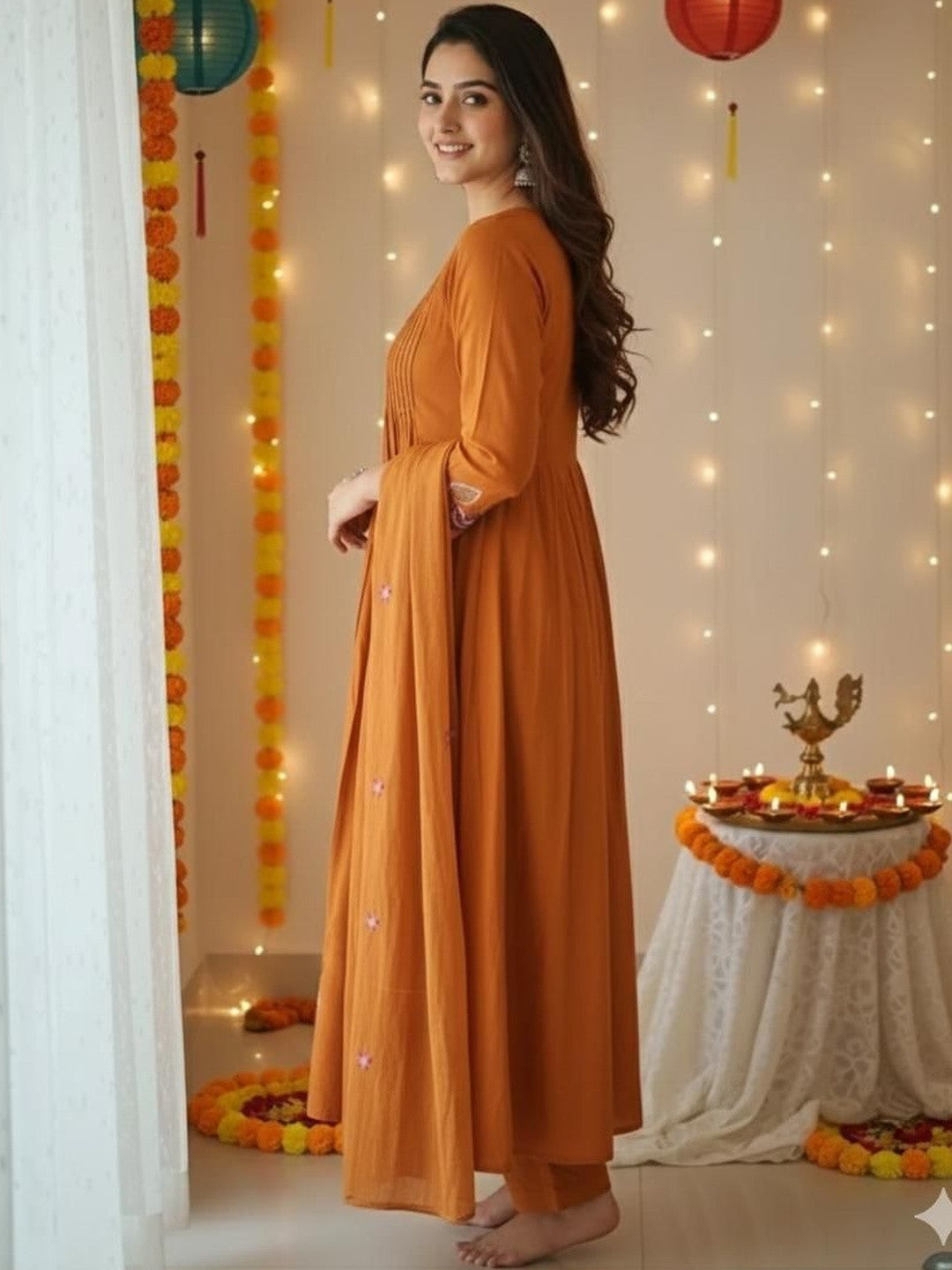 Premium Mustard Pure Cotton Flared Suit Set with Embroidery